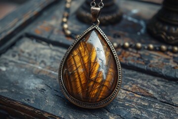 gemstone jewelry, a beautifully crafted tiger eye stone amulet on a delicate chain, a stunning piece of jewelry that offers protection and beauty