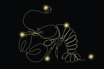 Line Art Lobster Animal with Gold Glitter Stars. Luxury Rich Glamour Invitation Card Template.  Crawfish Isolated on Black. Shine Gold Light Texture Effect. Glowing Blink Star Symbol Element Gift.
