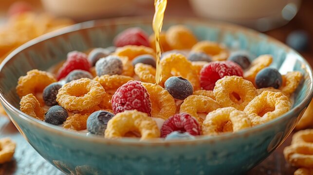 Pouring cereal into a bowl   breakfast preparation scene with pouring milk and cereal