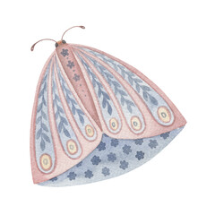 Butterfly watercolor floral wings isolated illustration. Pink and blue pastel colors cute moth with flowers hand drawn Boho art. Neutral aesthetic soft image for baby nursery design.