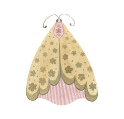 Butterfly watercolor floral wings isolated illustration. Yellow and green pastel colors cute moth with flowers hand drawn Boho art. Neutral aesthetic soft image for baby nursery design.