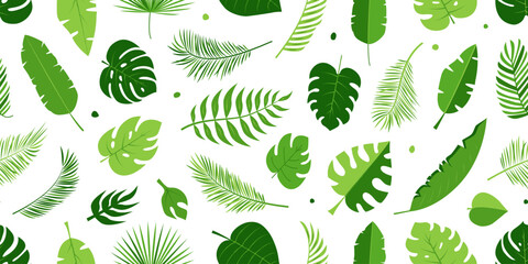 Fototapeta premium Jungle leaf seamless pattern, palm tropic background, summer cute plant and tree, cartoon abstract hawaii forest, exotic banana ornament, tropical floral print. Foliage repeat vector illustration