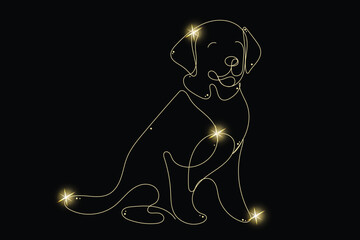 Line Art Labrador with Gold Glitter Stars. Luxury Rich Glamour Invitation Card Template. Line Art Dog Isolated on Black. Shine Gold Light Texture Effect. Glowing Blink Star Symbol Element Gift.