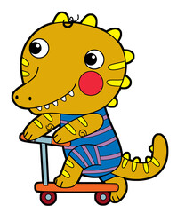 cartoon scene with happy funny dinosaur  dino lizard dragon kid  child having fun playing kindergarten isolated background illustration