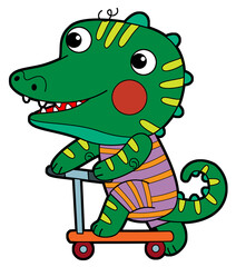 cartoon scene with happy funny dinosaur  dino lizard dragon kid  child having fun playing kindergarten isolated background illustration