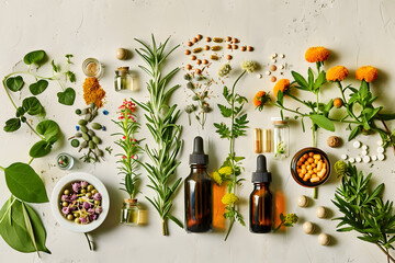 Flat lay of natural remedies and medicinal plants for holistic health care. Concept Natural Remedies, Medicinal Plants, Holistic Health Care, Flat Lay, Wellness Products AI