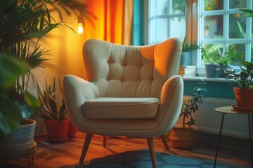 psychologists office cozy couch, armchair, modern minimalist design, mental health awareness banner promoting a comfortable setting for therapy