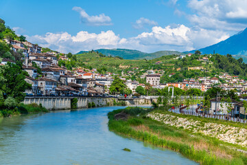 A view along the River Osum towards the Old Quarter in Berat, Albania in summertime