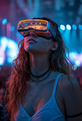 Obraz premium Young woman using virtual reality headset