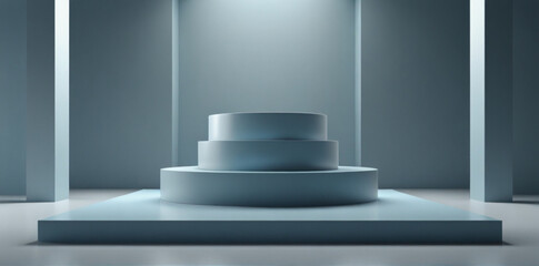 Fototapeta premium Podium background 3D product platform display blue stage pedestal. Light background 3D podium stand scene studio.