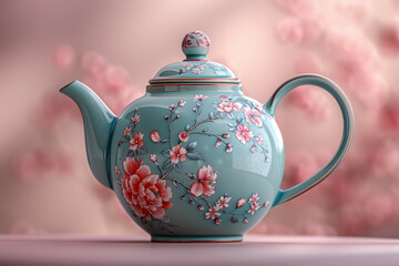 Delicate pastel blue teapot with floral patterns on a soft peach background, exuding warmth and coziness. Generative Ai.