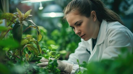 Female scientist examining plants in greenhouse farm