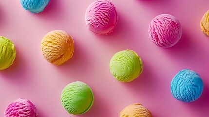 Ice cream cones in different colors on a pink background.