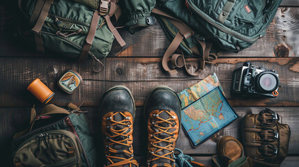 Hiking Boots, Map, and Backpack on Wooden Floor