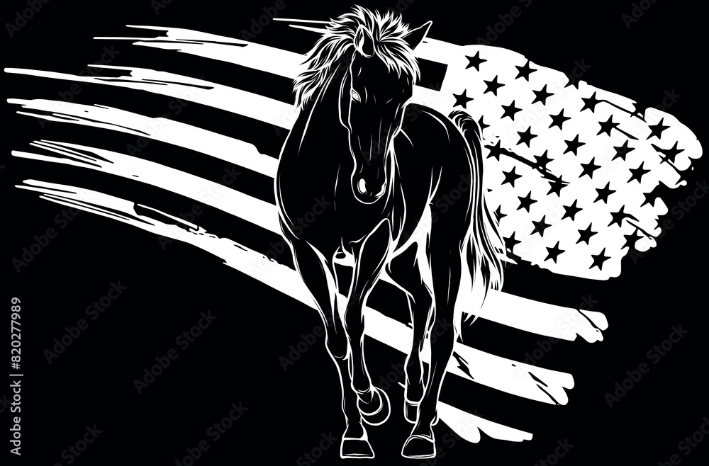 Poster horse in white line on black background