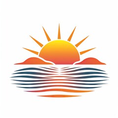 Radiant sun rising over horizon, casting warm glow. Sunrise clipart logo on white background, Generative AI