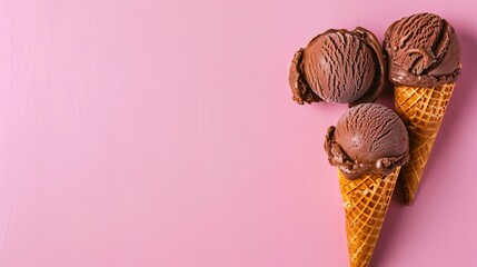 Ice cream cones with chocolate on pink background.