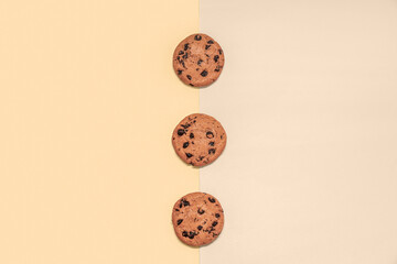 Sweet cookies with chocolate chips on colorful background