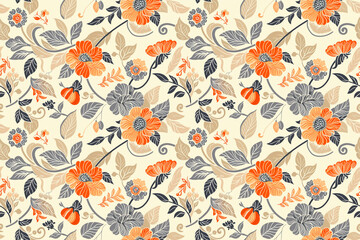 A floral pattern with orange and gray flowers. The flowers are arranged in a way that creates a sense of movement and flow. Scene is one of serenity and beauty