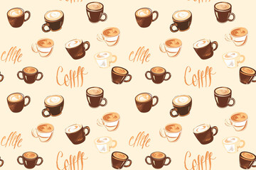 A coffee pattern with many different types of coffee cups