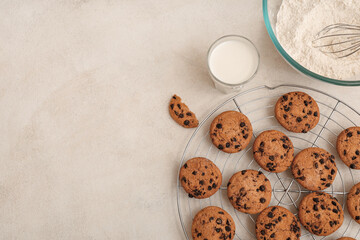 Stand of sweet cookies with chocolate chips and glass of milk on white background