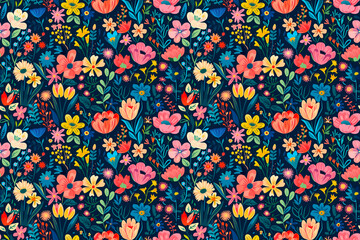 Floral garden pattern with vibrant flowers on a dark background, seamless design ideal for colorful decoration and spring tile ornaments
