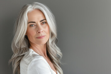 Fototapeta premium Portrait of an elegant mature woman with grey hair, confidence and beauty. Skin care and wellness concept, copy space