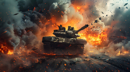 Battle tank in explosive warzone