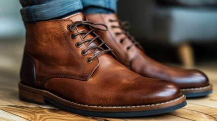 Close-up shot of a businessman's leather shoes as he confidently strides forward, symbolizing ambition and success
