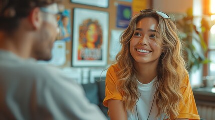 a latina woman consulting a young asian male counselor in a modern office with motivational decor, illustrating mental health care and diversity