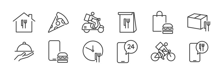 Food delivery icons set. Contain food box, courier, bicycle, order, fast food, online. Vector illustration