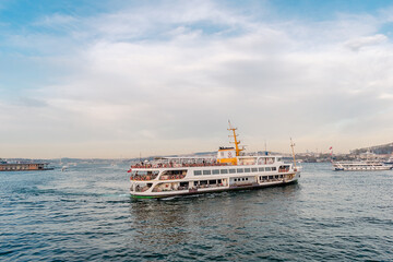 Traffic in the waters of the Bosphorus. Regular traffic of various watercraft from the port in...