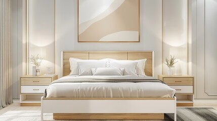 white oak and white metal bed frame with night stands, bedroom decoration mockup, soft lighting, gold accents, soft beige abstract painting on the wall