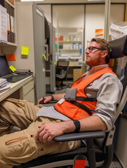 A stereotypical man sitting bored in a cubicle at work