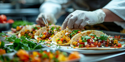 Chef garnishing fresh tacos with vibrant toppings in a professional kitchen.