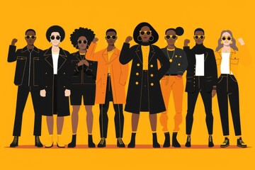 A vibrant illustration celebrating Black History Month, featuring diverse individuals raising fists in a powerful gesture of solidarity and empowerment