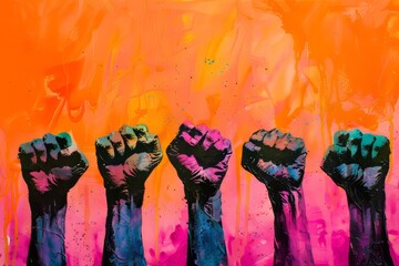 A vibrant illustration celebrating Black History Month, featuring diverse individuals raising fists in a powerful gesture of solidarity and empowerment