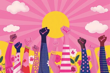A vibrant illustration celebrating Black History Month, featuring diverse individuals raising fists in a powerful gesture of solidarity and empowerment