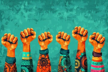 A vibrant illustration celebrating Black History Month, featuring diverse individuals raising fists in a powerful gesture of solidarity and empowerment