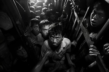 Obraz premium A group of students abuses a classmate, creating a dark scene where the dark side of school life is revealed.