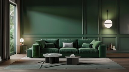 modern living room concept with green sofa and green walls. luxury living room wall mockup realistic