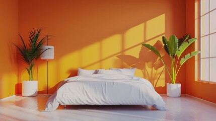 modern minimalist design of bedroom with an orange wall and a white bed. realistic