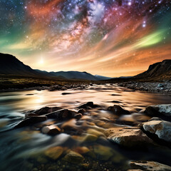 Crisp mountain stream with stars filling up space
