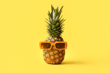 Fresh pineapple with sunglasses on yellow background