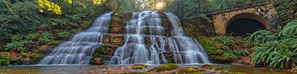 Fototapeta premium Majestic multi-tiered waterfall cascading through a lush, green forest next to an ancient stone archway at sunrise