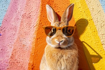 A playful depiction of a bunny wearing stylish sunglasses, set against a vibrant, colorful...