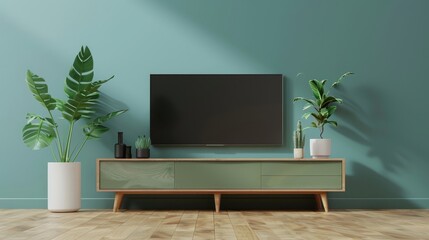 Modern TV cabinet on a plain green wall in the living room realistic