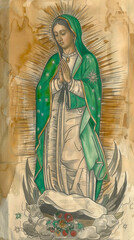 Vintage Depiction of Our Lady of Guadalupe in Prayer with Radiant Halo