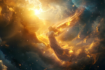 Ethereal angelic figure among celestial clouds