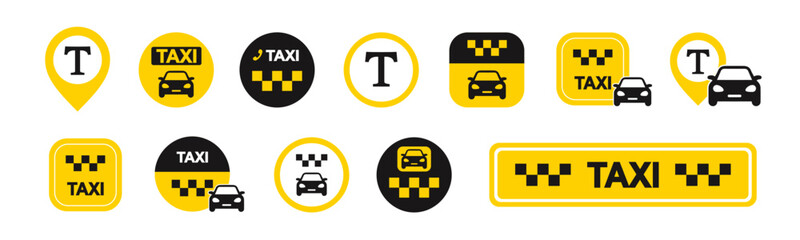 Taxi service icon set. Taxi car map pin mark. Yellow signs of taxi stop place. Vector ESP 10 © Angela Ksen
